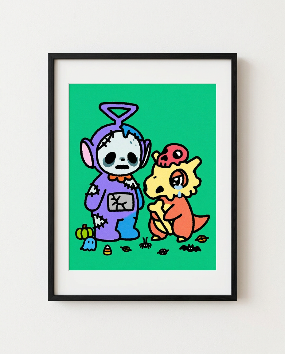 Zombie Teletubbies Tinky Winky and Cubone Halloween art print in a black frame by Dammit.png