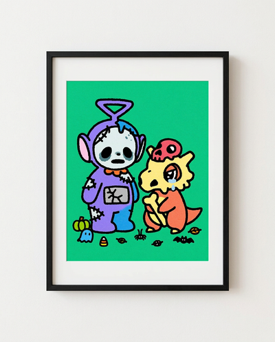 Zombie Teletubbies Tinky Winky and Cubone Halloween art print in a black frame by Dammit.png