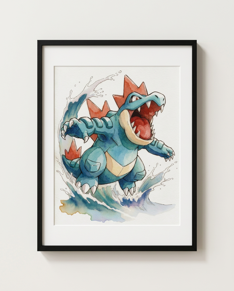 Feraligatr Surf watercolour Pokémon art print in a black frame with white mat