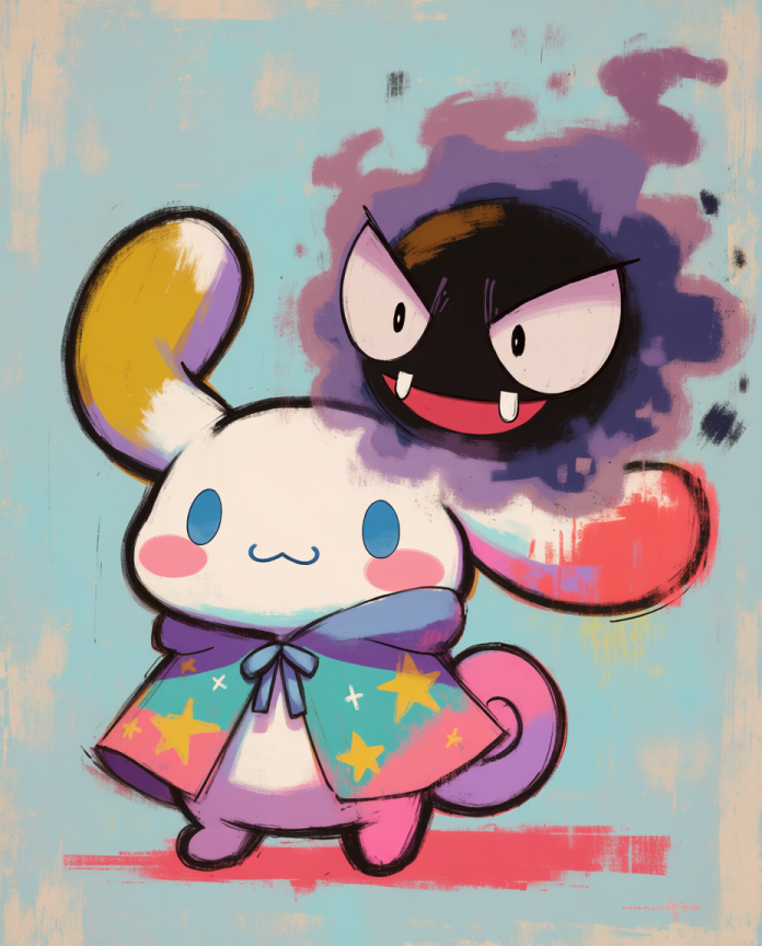 Cinnamoroll & Gastly — Ghost Buddy illustration, Cinnamoroll in a wizard cape with Gastly behind him
