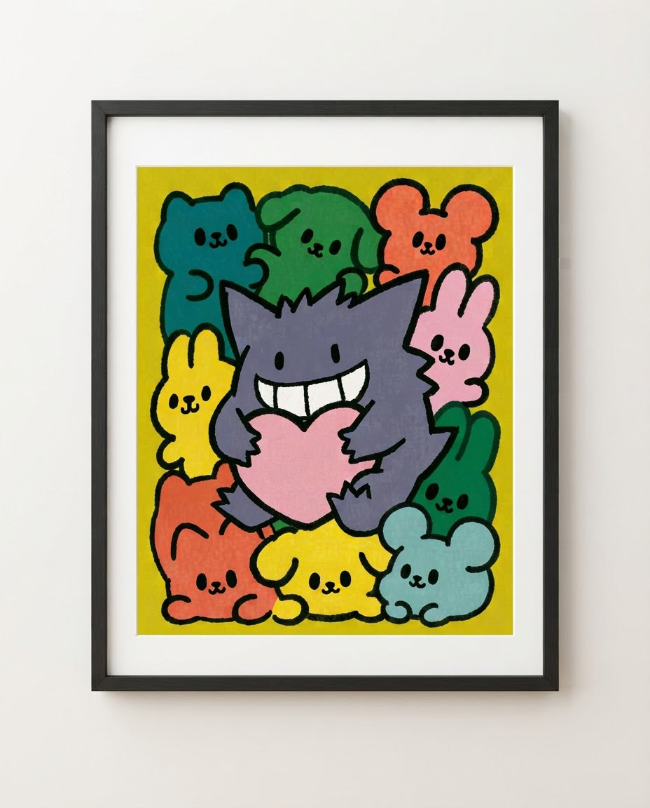 Gengar — Plushie Pile kawaii art print framed on a wall