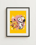 Pikachu & Snoopy — Happy Dance crossover art print framed in a black frame with white mat