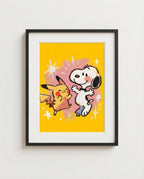 Pikachu & Snoopy — Happy Dance crossover art print framed in a black frame with white mat
