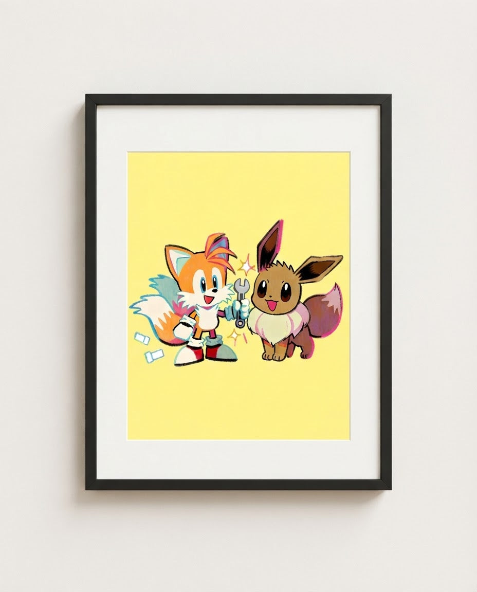Tails & Eevee kawaii art print framed on a wall — Sonic Pokémon crossover by Dammit.png