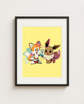 Tails & Eevee kawaii art print framed on a wall — Sonic Pokémon crossover by Dammit.png