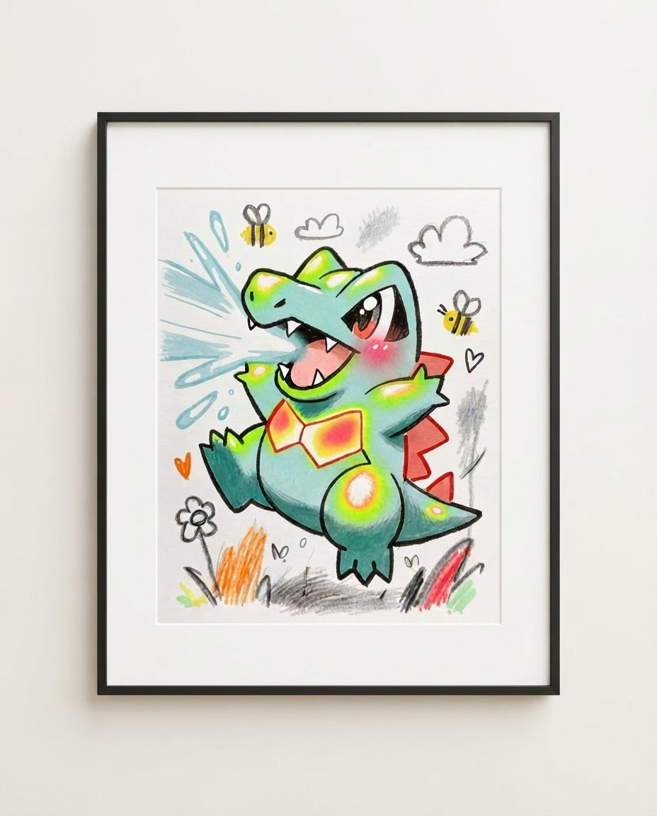Totodile — Water Gun sketchbook art print framed on a wall