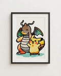 Dragonite & Pikachu — Best Buds watercolour art print framed in a black frame with white mat