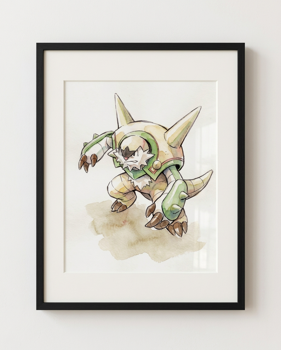 Chesnaught Spiky Shield watercolour Pokémon art print in a black frame with white mat