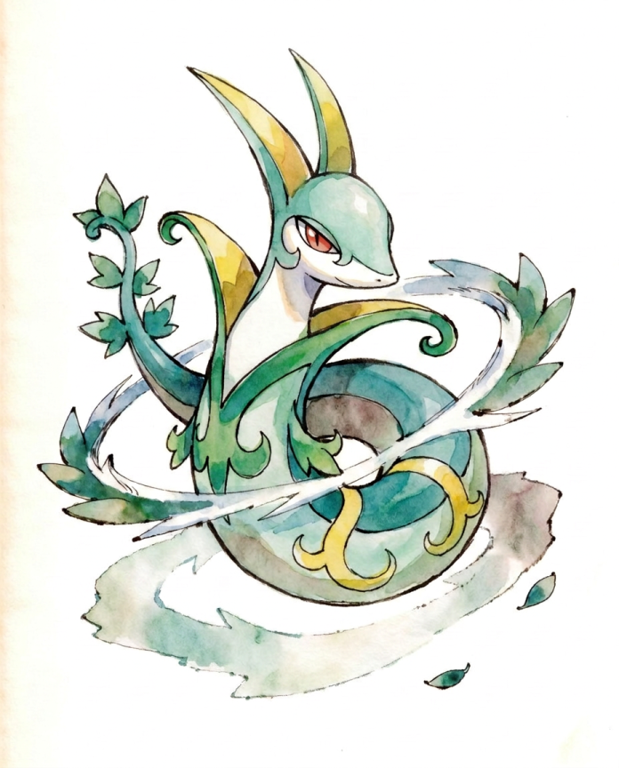 Watercolour illustration of Serperior coiled in a ribbon of wind and leaves by Dammit.png