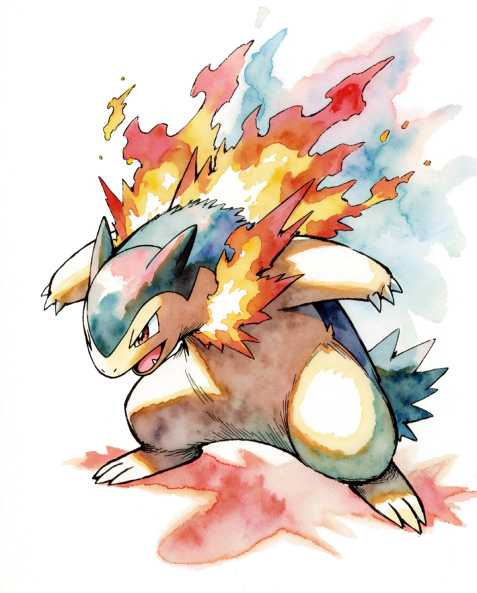 Watercolour illustration of Typhlosion with its flame collar erupting by Dammit.png