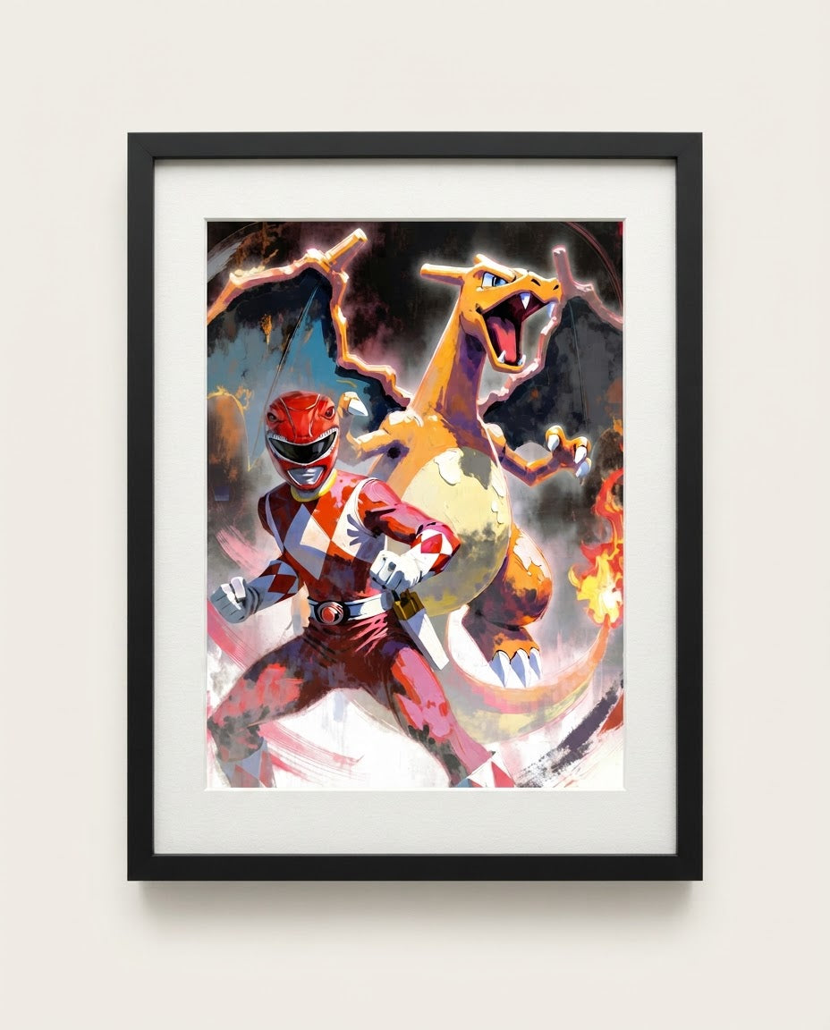 Red Ranger and Charizard framed art print