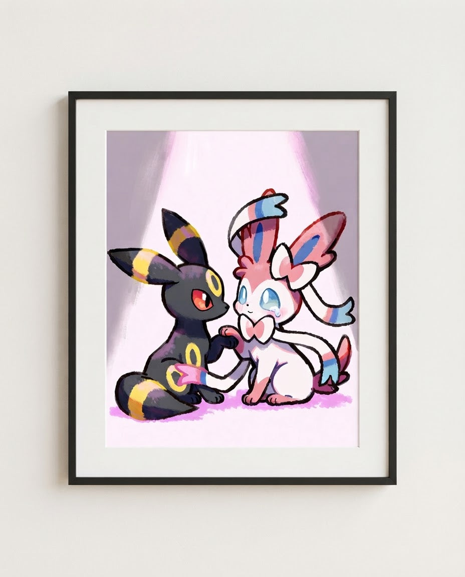Umbreon & Sylveon kawaii art print framed on a wall — Pokémon fan art by Dammit.png