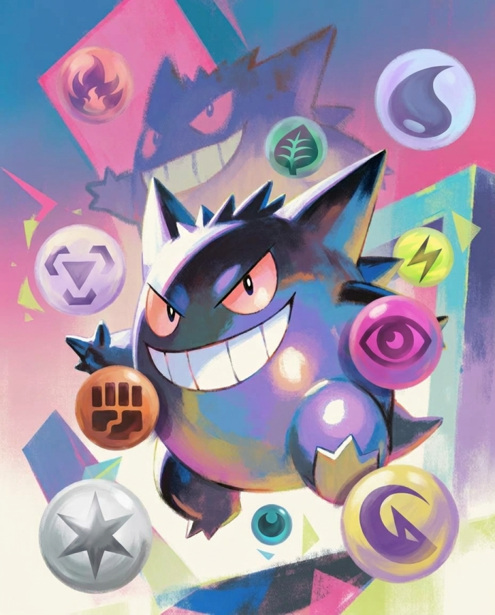 Gengar — Energy Rush illustration, grinning Gengar surrounded by Pokémon energy orbs