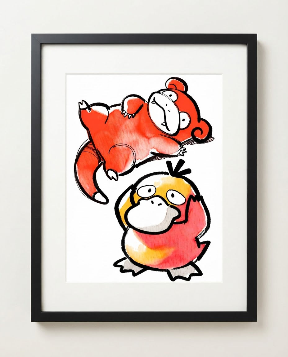 Slowpoke & Psyduck — Slow Day ink wash art print framed on a wall