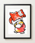 Slowpoke & Psyduck — Slow Day ink wash art print framed on a wall