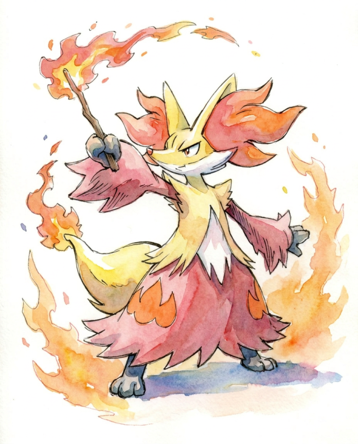 Watercolour illustration of Delphox raising its flaming wand in a ring of fire by Dammit.png