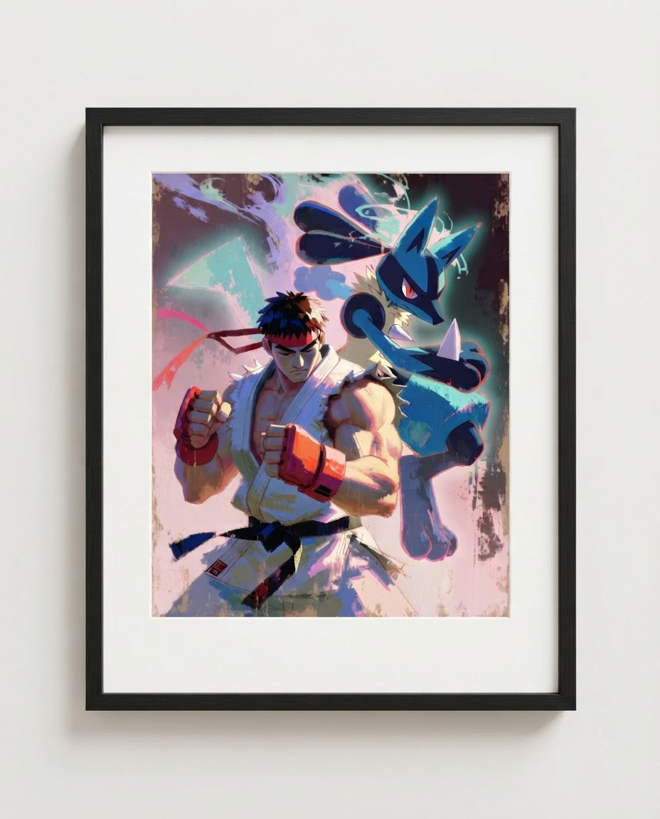 Ryu & Lucario art print framed on a wall — Street Fighter Pokémon crossover by Dammit.png