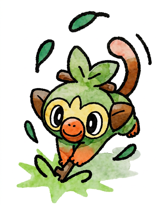 Watercolour illustration of Grookey drumming its stick with flying leaves by Dammit.png