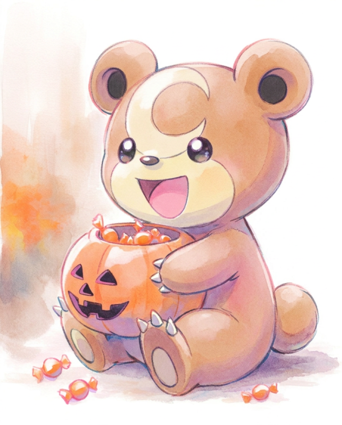 Watercolour illustration of Teddiursa hugging a jack-o-lantern full of candy by Dammit.png