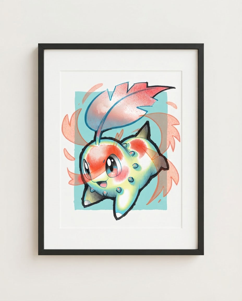 Chikorita — Razor Leaf sketchbook art print framed on a wall