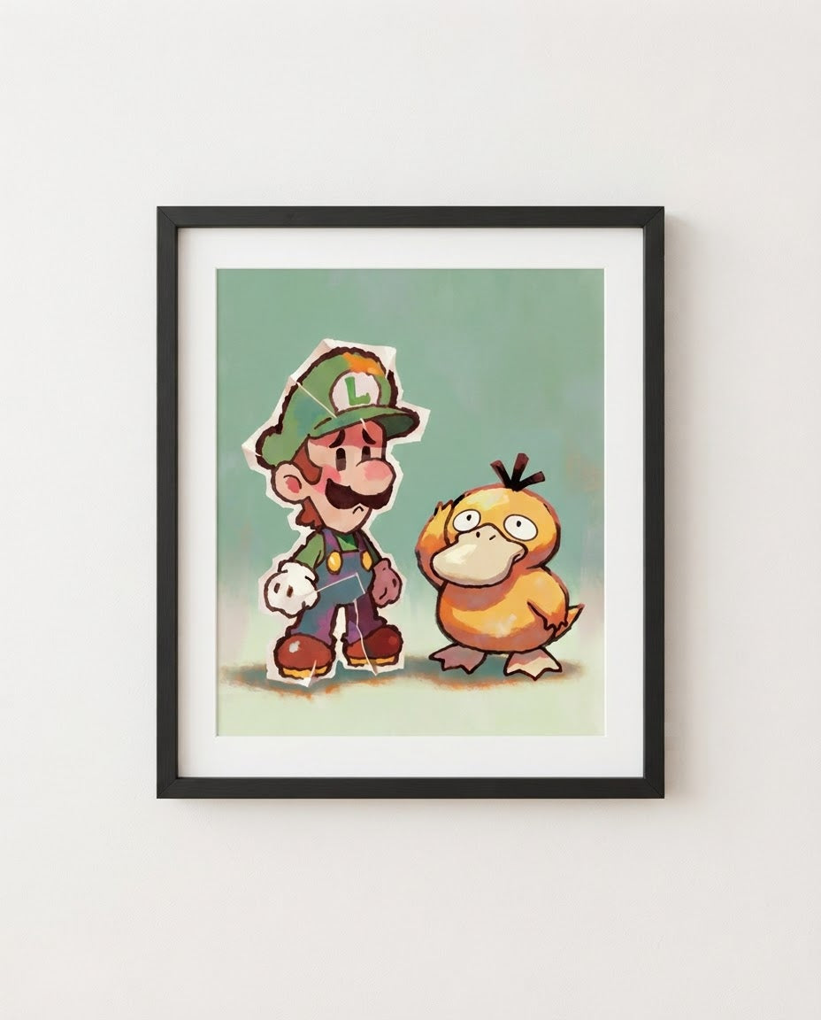 Luigi & Psyduck art print framed on a wall — Paper Mario Pokémon crossover by Dammit.png