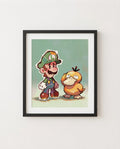 Luigi & Psyduck art print framed on a wall — Paper Mario Pokémon crossover by Dammit.png