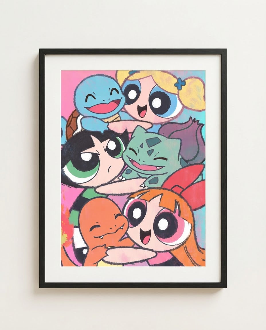 Powerpuff Girls and Kanto starters framed art print