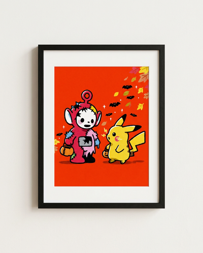 Zombie Teletubbies Po and Pikachu Halloween art print in a black frame by Dammit.png