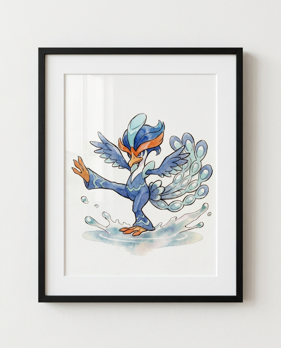 Quaquaval Water Dance watercolour Pokémon art print in a black frame with white mat