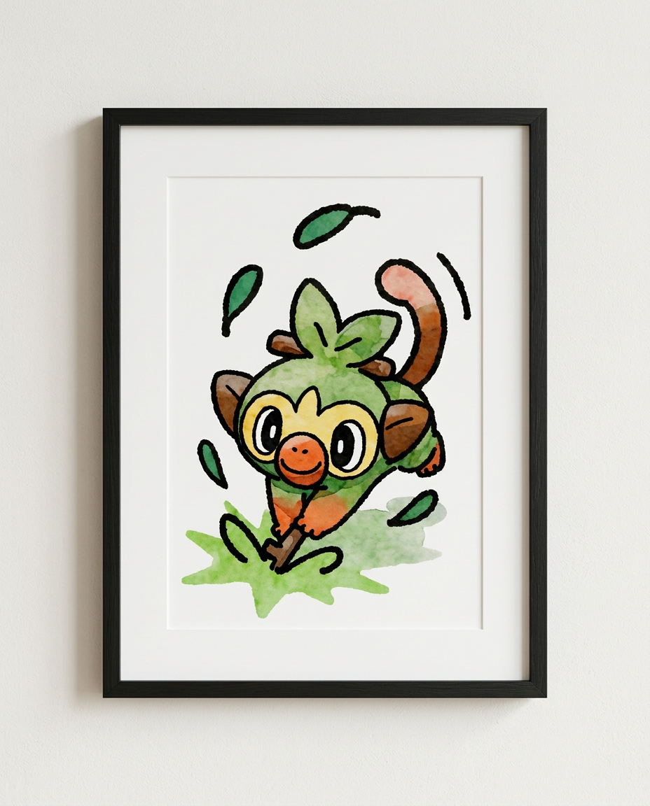 Grookey Branch Poke watercolour Pokémon starter art print in a black frame with white mat