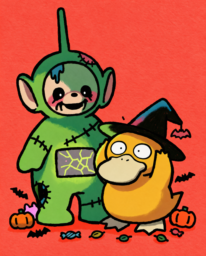 Zombie Teletubbies Dipsy with Psyduck in a witch hat, spooky-cute Pokémon fan art illustration