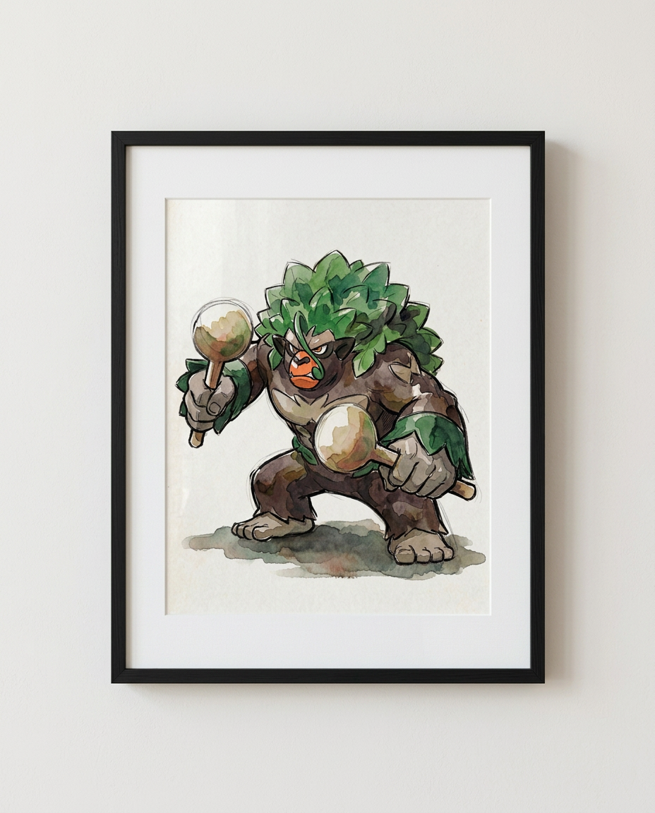 Rillaboom Drum Beating watercolour Pokémon art print in a black frame with white mat