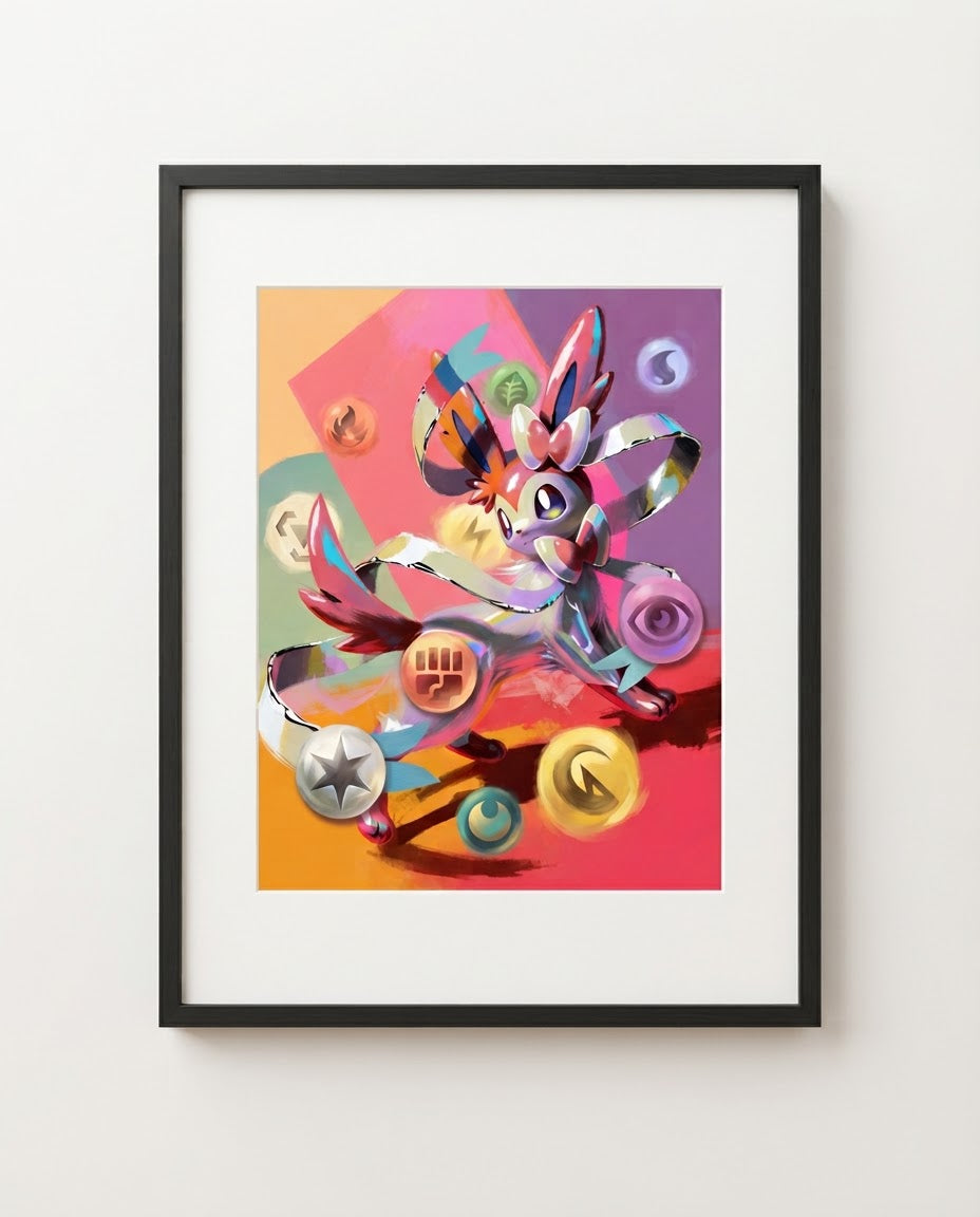 Sylveon — Energy Ribbon Futuristic Rare EX art print framed in a black frame with white mat