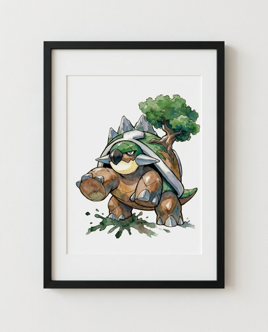 Torterra Wood Hammer watercolour Pokémon art print in a black frame with white mat