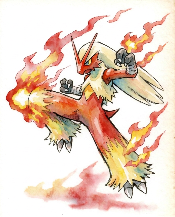 Watercolour illustration of Blaziken throwing a flaming kick by Dammit.png