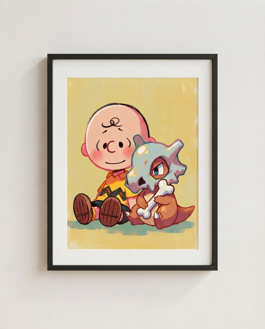 Charlie Brown & Cubone — Good Grief crossover art print framed in a black frame with white mat