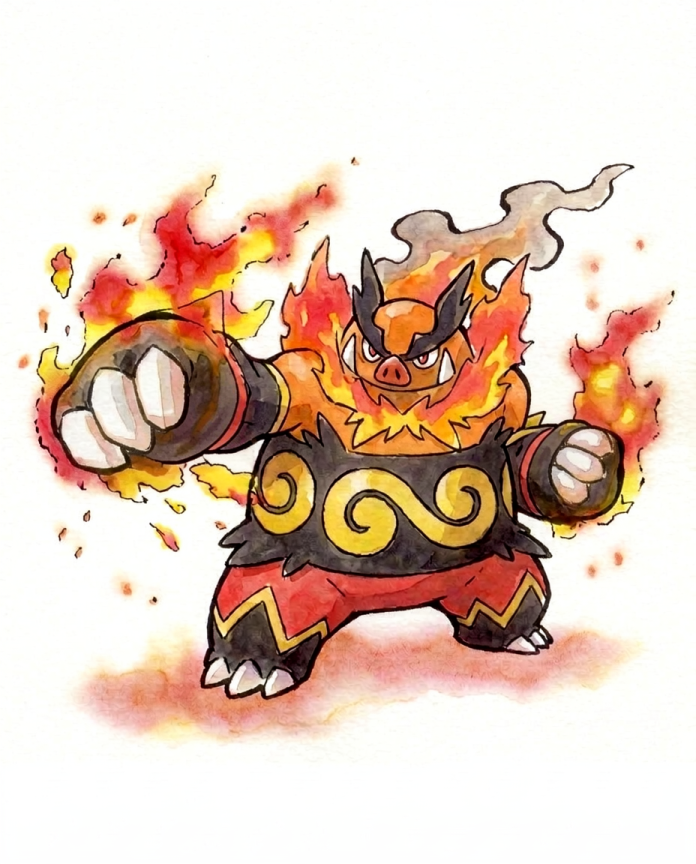 Watercolour illustration of Emboar throwing a flaming punch by Dammit.png