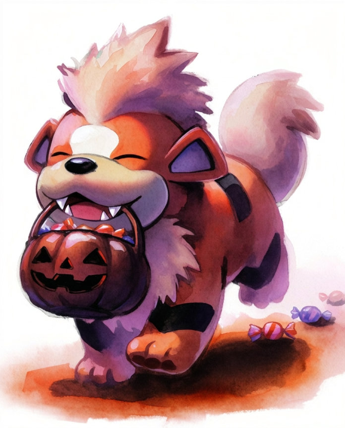 Watercolour illustration of happy Growlithe carrying a jack-o-lantern candy bucket by Dammit.png