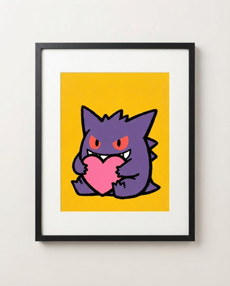 Gengar kawaii art print framed on a wall — Pokémon fan art by Dammit.png