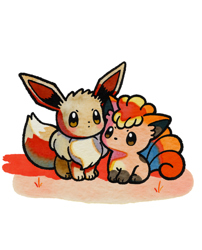 Eevee & Vulpix — Warm Company watercolour illustration, Eevee and Vulpix sitting together