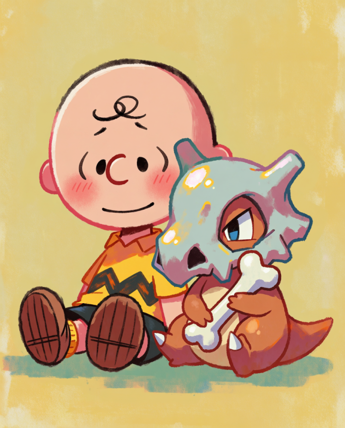 Charlie Brown & Cubone — Good Grief illustration, Charlie Brown sitting with Cubone hugging its bone