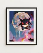 Gengar — Full Moon impasto art print framed in a black frame with white mat