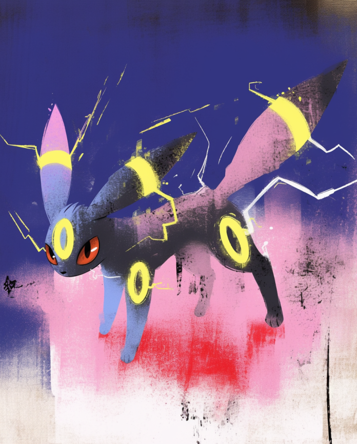 Umbreon — Live Wire spray paint illustration, Umbreon with glowing rings and electric streaks
