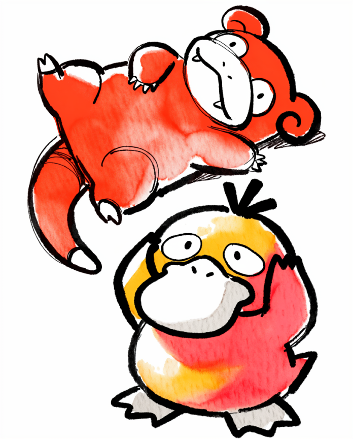 Slowpoke & Psyduck — Slow Day ink wash illustration by Dammit.png