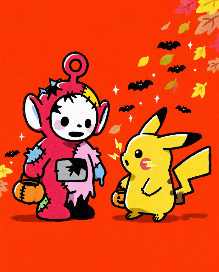 Zombie Teletubbies Po trick-or-treating with Pikachu, spooky-cute Pokémon fan art illustration