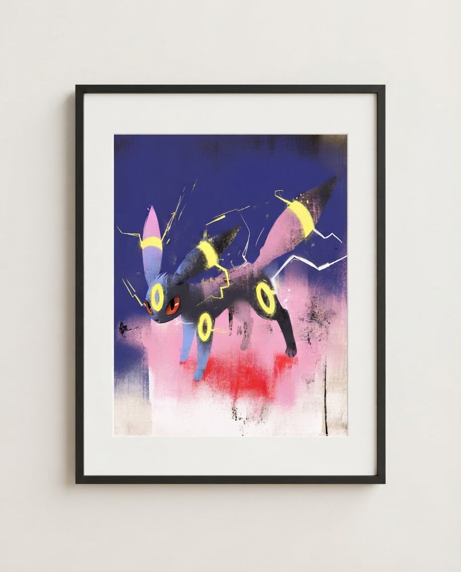 Umbreon — Live Wire spray paint art print framed in a black frame with white mat