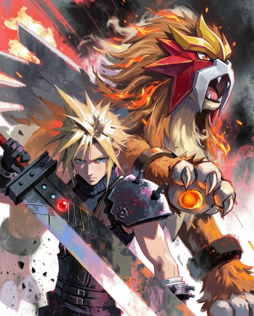 Cloud and Entei artwork