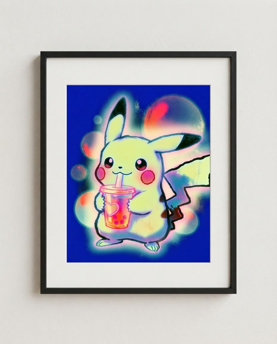 Pikachu — Bubble Tea neon kawaii art print framed on a wall