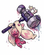 Watercolour illustration of Tinkaton leaping with its giant hammer raised by Dammit.png