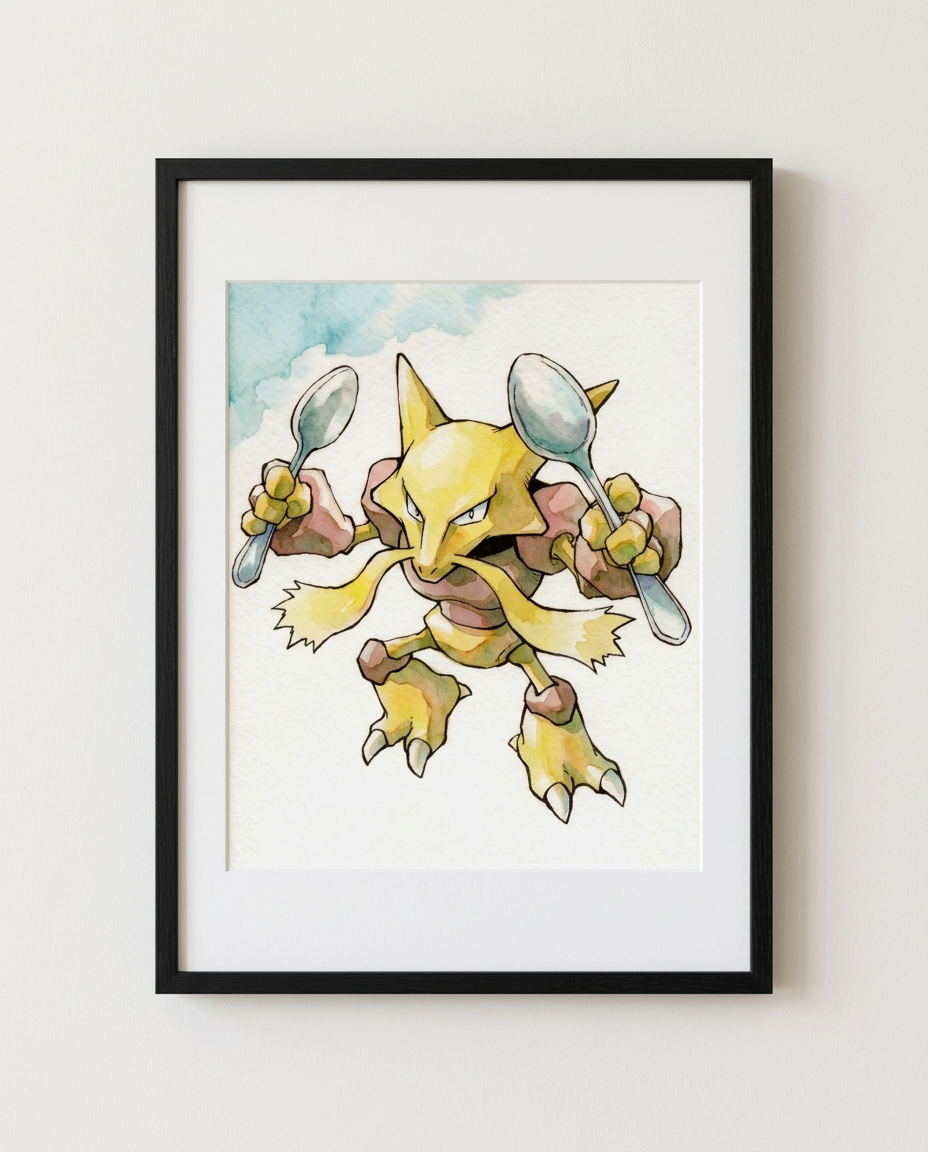 Alakazam Psychic Spoons watercolour Pokémon art print in a black frame with white mat